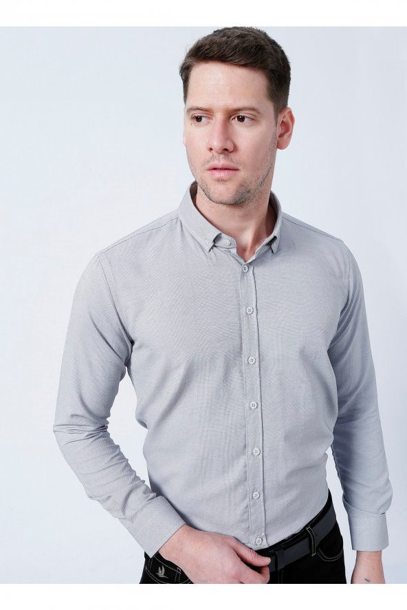 Slim Fit Armürlü Gri Erkek Gömlek - Resim 4
