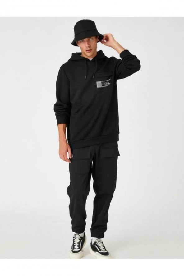 Kapşonlu Sweatshirt Slogan Baskılı Cep Detaylı - 3