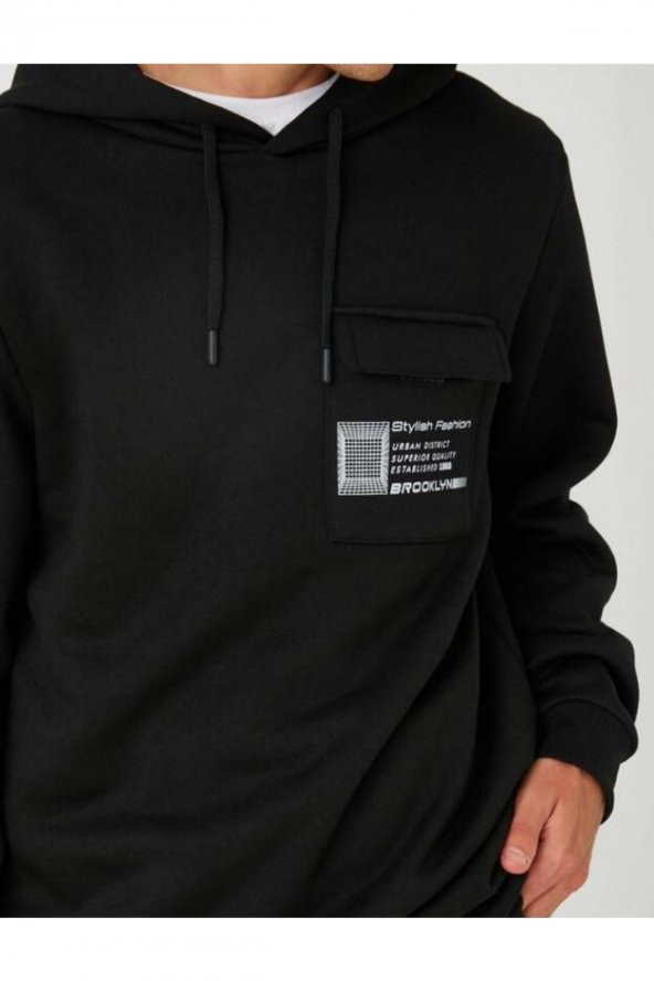 Kapşonlu Sweatshirt Slogan Baskılı Cep Detaylı - 5