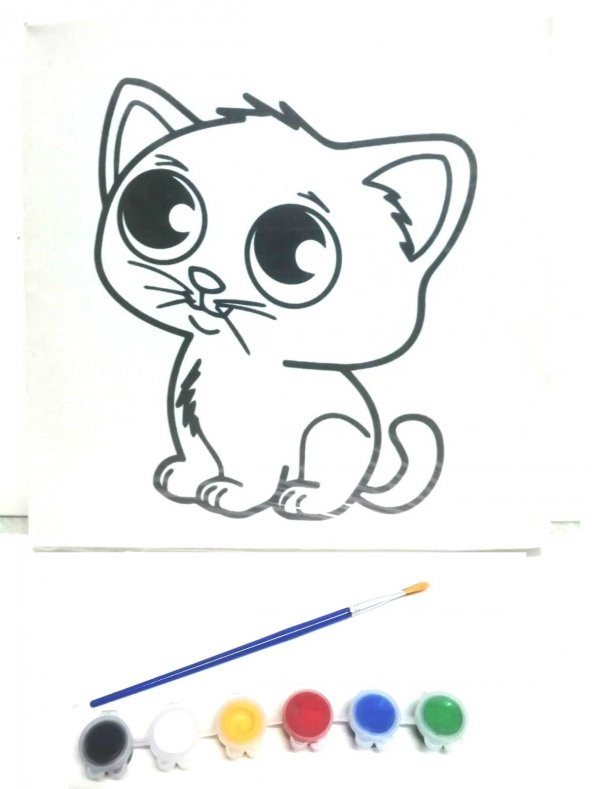 Resimli Tuval 10 X 10cm  MASUM KEDİ  6lı boya, fırça Boyama seti