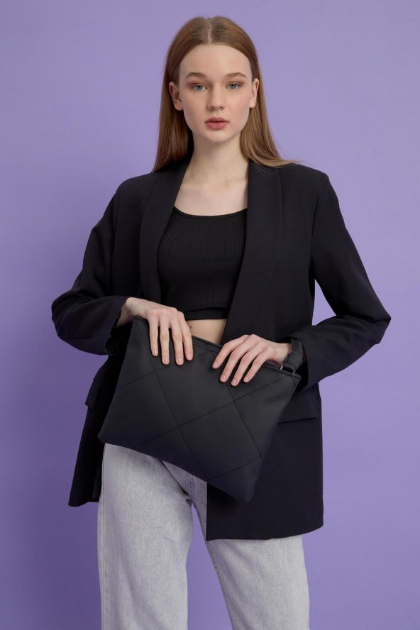 Kadın Siyah Deri Kapitone Clutch El Çantası - 4