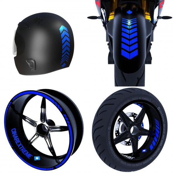 Moto Rider 4lü Sticker Seti Reflektif Mavi İç Dış Jant Şeridi Kask ve Çamurluk Çınar Extreme