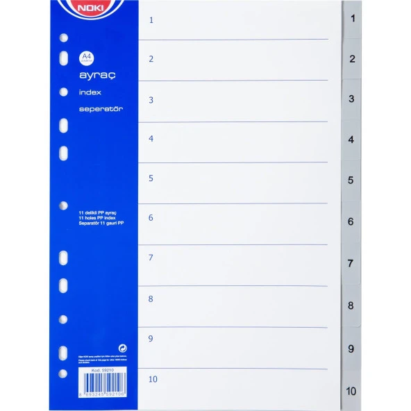 Noki Seperatör 1-10 Rakamlı Plastik A4 Dosya Ayraç Seperatör