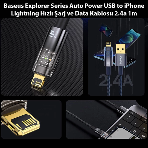 Baseus Explorer Seri Auto Power USB to iPhone Lightning Hızlı Şarj Data Kablosu 2.4a 1m