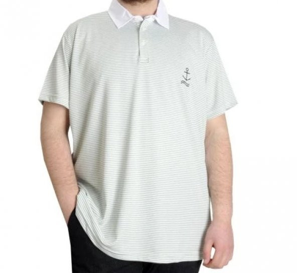 SuperXL Büyük Beden Erkek T-shirt Polo Yaka Çizgili KAGI 23340 Yeşil