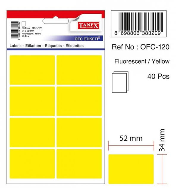 Tanex Etiket Ofc-120-34 X 52 Mm 40 Adet – Fosforlu Sarı