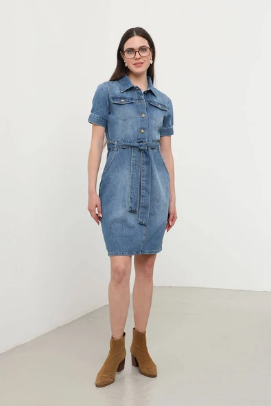 Blue White Kadın Kısa Kol Jean Elbise - 7