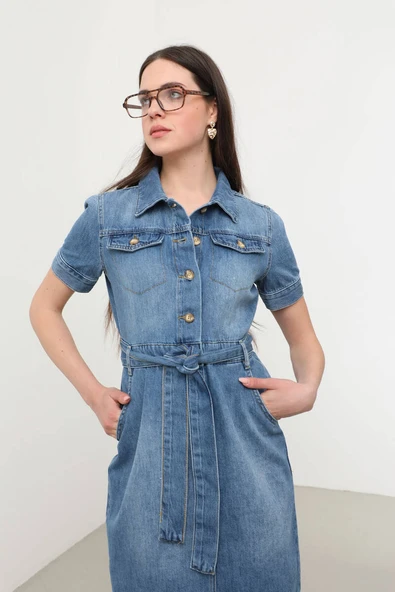 Blue White Kadın Kısa Kol Jean Elbise - 4