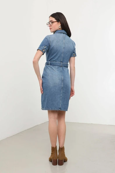 Blue White Kadın Kısa Kol Jean Elbise - 10