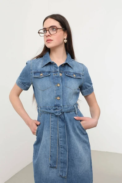 Blue White Kadın Kısa Kol Jean Elbise - 9