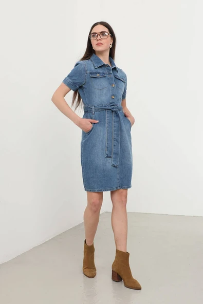 Blue White Kadın Kısa Kol Jean Elbise - 8