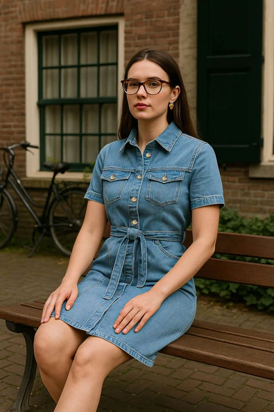 Blue White Kadın Kısa Kol Jean Elbise - 2