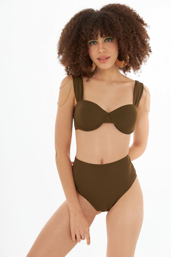 Haki Yeşil Yüksek Bel Tek Alt Bikini - 3