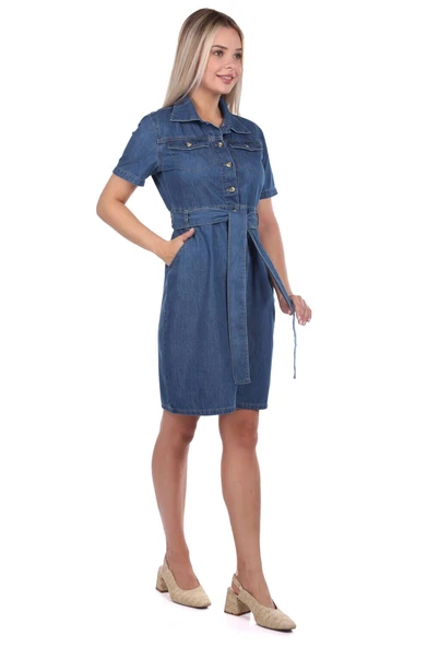 Banny Jeans Kemer Detaylı Jean Elbise - 8