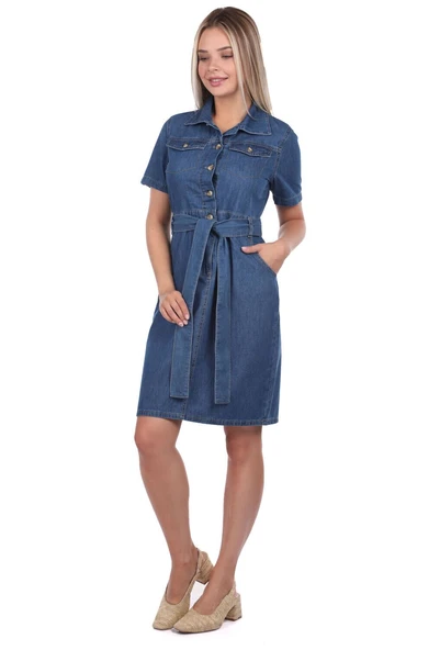 Banny Jeans Kemer Detaylı Jean Elbise - 7