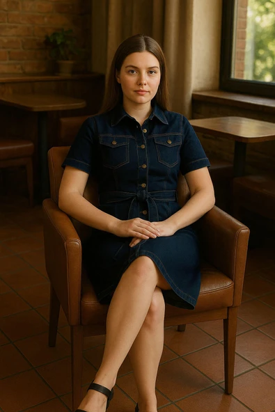 Kadın Kemerli Koyu Lacivert Jean Elbise - 2