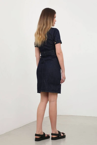 Kadın Kemerli Koyu Lacivert Jean Elbise - 5