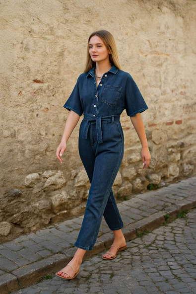 Kadın Yarasa Kol Jean Tulum Koyu Mavi