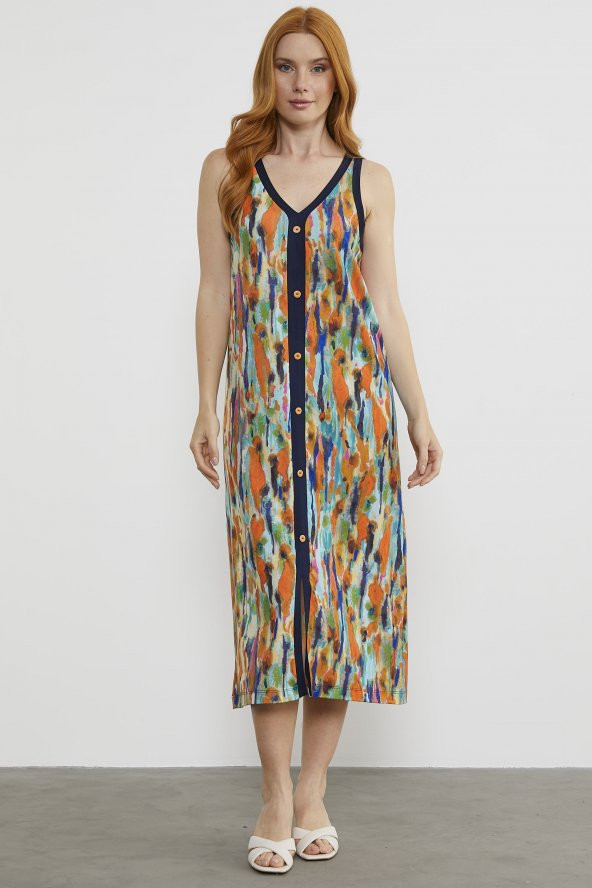 Askılı Çok Renkli Düğmeli Elbise - Turuncu