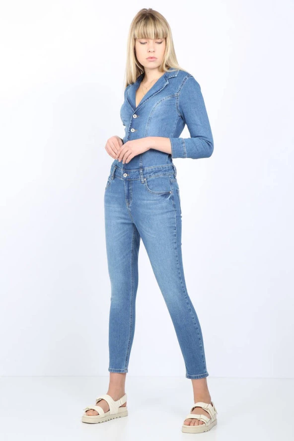 Kadın Açık Mavi Ceket Yaka Jean Tulum Pantolon