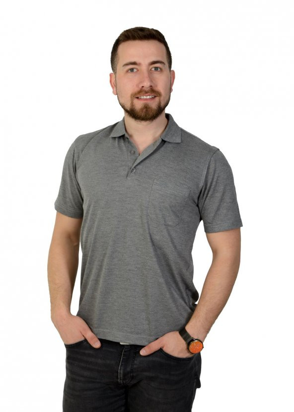 Erkek Polo Yaka Gri Pike Kumaş Klasik Kesim Düz T-Shirt