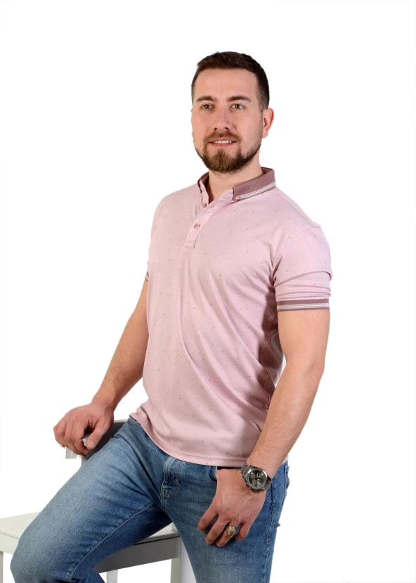 Erkek Pudra Pembe Polo Yaka Desenli T-Shirt Regular Kesim