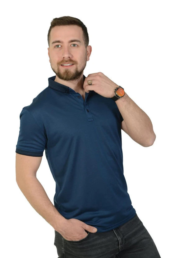 Erkek İndigo  Polo Yaka Düz T-Shirt Cepsiz Regular Rahat Kesim