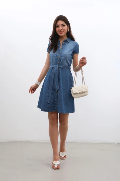 Kemer Detaylı Düğmeli Jean Elbise - 4