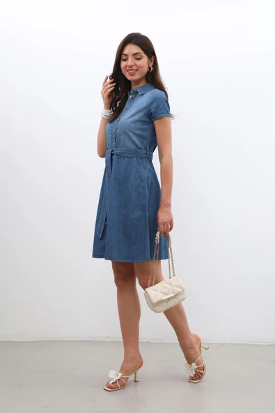 Kemer Detaylı Düğmeli Jean Elbise - 7