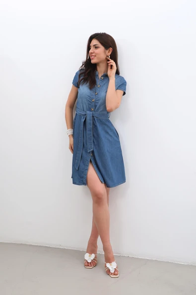 Kemer Detaylı Düğmeli Jean Elbise - 9