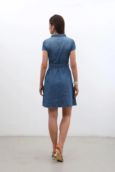 Kemer Detaylı Düğmeli Jean Elbise - 8