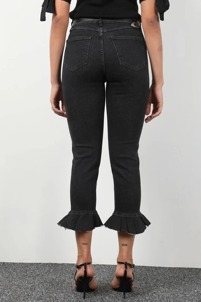 Kadın Paçası Pileli Jean Pantolon Antrasit - 7