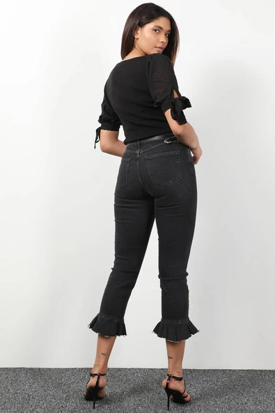 Kadın Paçası Pileli Jean Pantolon Antrasit - 5