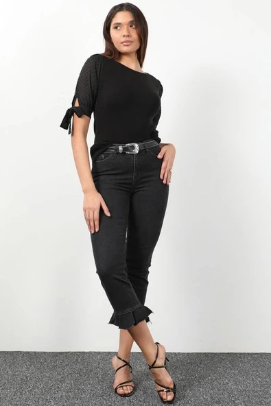 Kadın Paçası Pileli Jean Pantolon Antrasit - 4