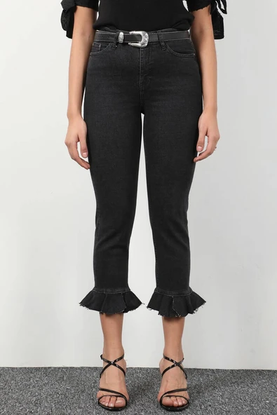Kadın Paçası Pileli Jean Pantolon Antrasit - 6