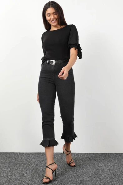 Kadın Paçası Pileli Jean Pantolon Antrasit - 2