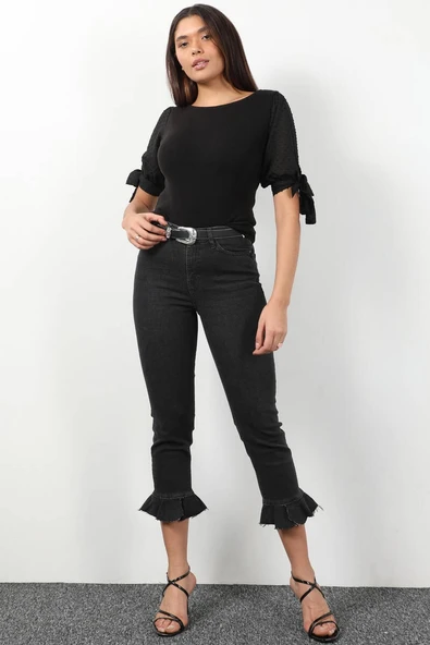 Kadın Paçası Pileli Jean Pantolon Antrasit - 3