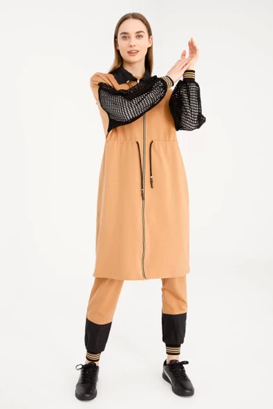 File Detaylı İpeksi İki İplik Üçlü Takım - Camel - 4