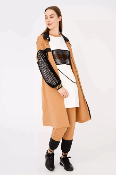 File Detaylı İpeksi İki İplik Üçlü Takım - Camel - 5