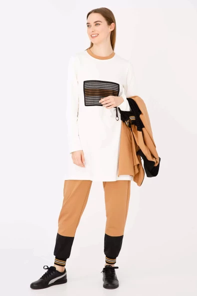 File Detaylı İpeksi İki İplik Üçlü Takım - Camel - 3