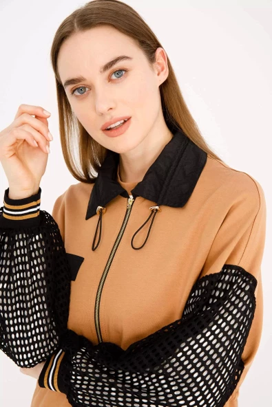 File Detaylı İpeksi İki İplik Üçlü Takım - Camel - 7