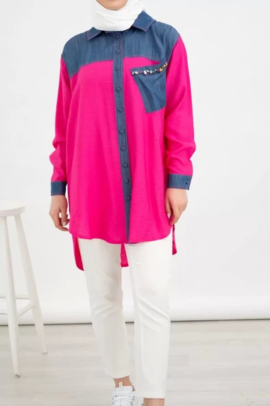 Taş İşlemesi Fay Tencel Tunik - Fuşya - 2