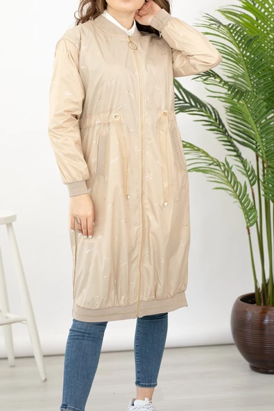 Küçük İmza Desenli Spor Yağmurluk - Bej - 4