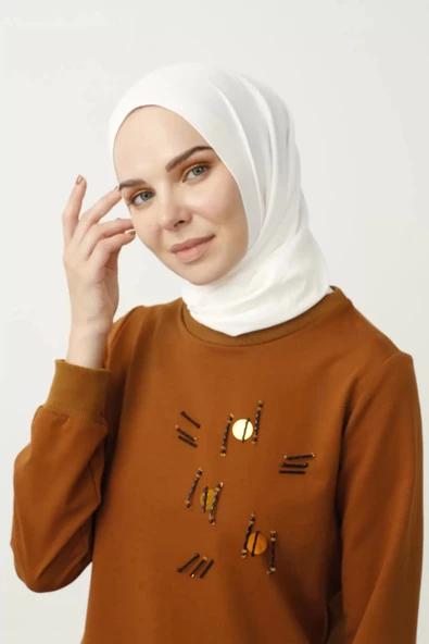 Boncuk İşlemeli İpeksi İki İplik Tunik - Taba - 4