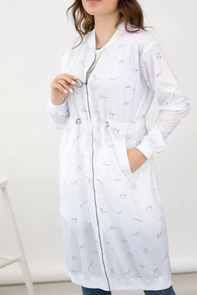 Küçük İmza Desenli Spor Yağmurluk - Beyaz - 4