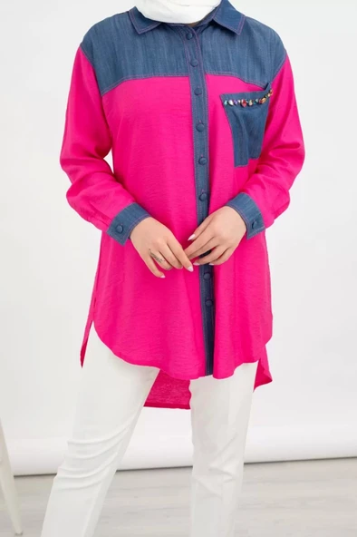 Taş İşlemesi Fay Tencel Tunik - Fuşya - 6