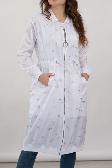 Küçük İmza Desenli Spor Yağmurluk - Beyaz - 5
