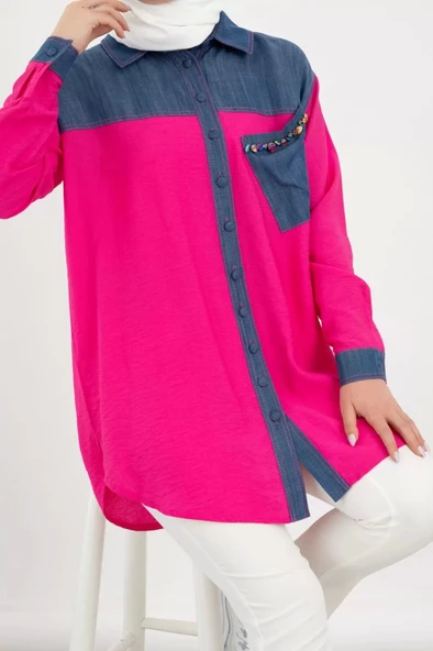 Taş İşlemesi Fay Tencel Tunik - Fuşya - 8