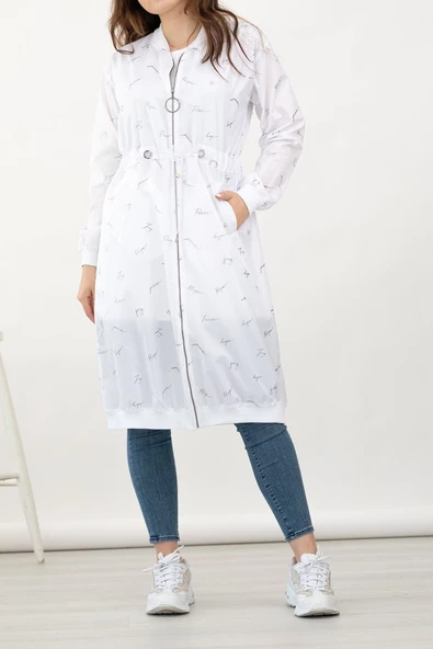 Küçük İmza Desenli Spor Yağmurluk - Beyaz - 2