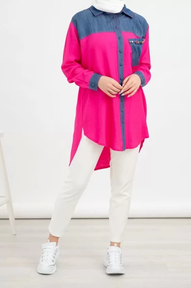 Taş İşlemesi Fay Tencel Tunik - Fuşya - 5